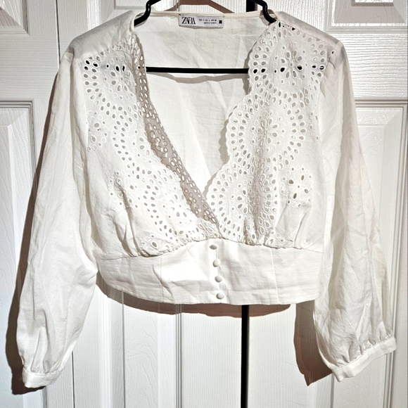 Zara Linen Crop Top | White Size Large | Long Sleeve - Picture 2 of 5
